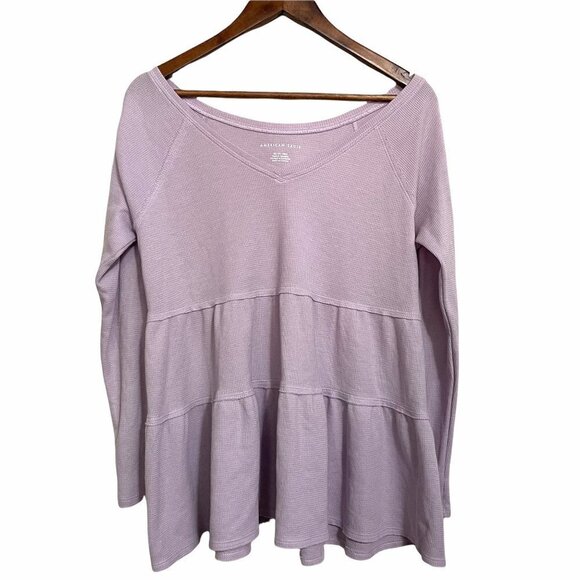 American Eagle Outfitters Tops - American Eagle Women's Lavender Waffle Knit Thermal Tiered Long Sleeve Top XS